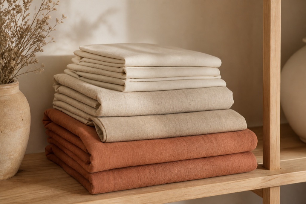 Gefaltete Leinenbettwäsche in Creme- und Terrakottatönen