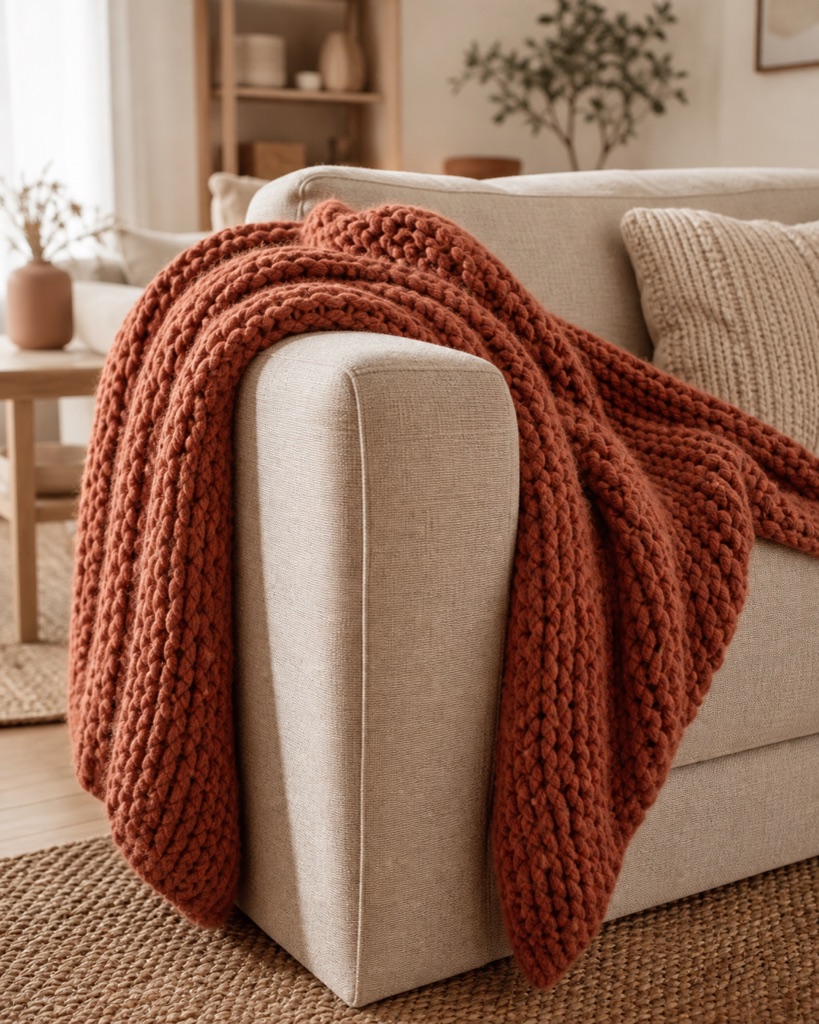 Strickdecke in Terrakotta über einer Sofalehne