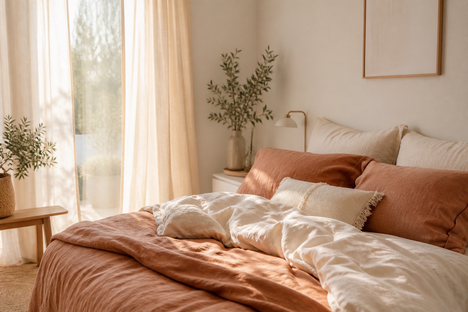 Helles Schlafzimmer mit Leinenbettwäsche in Creme- und Terrakottatönen
