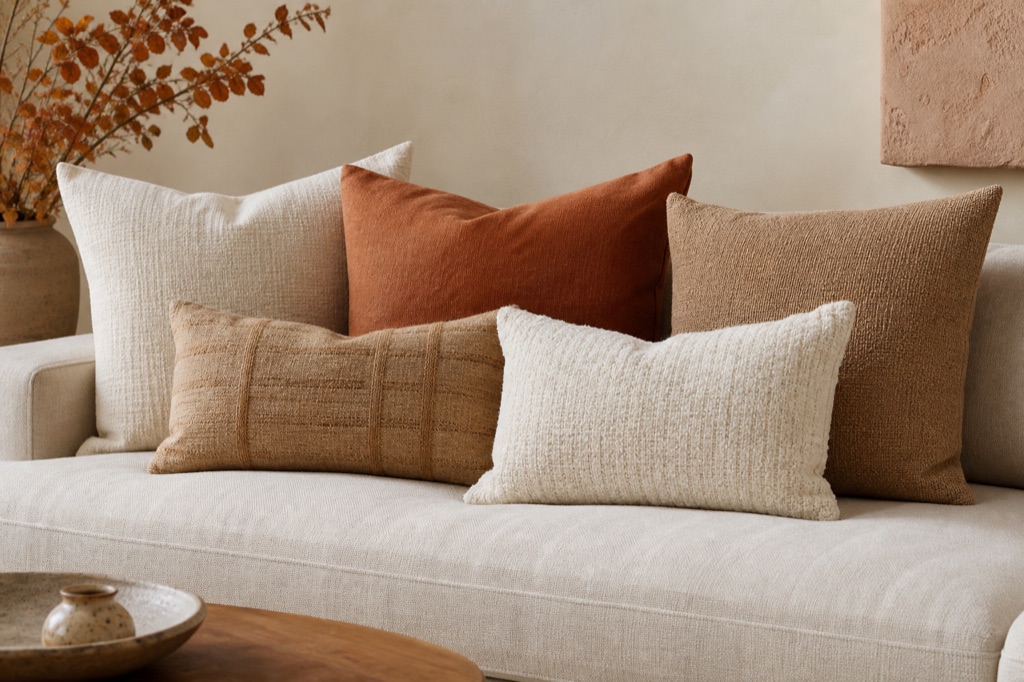 Dekokissen in Creme-, Rost- und Sandtönen auf einem Sofa