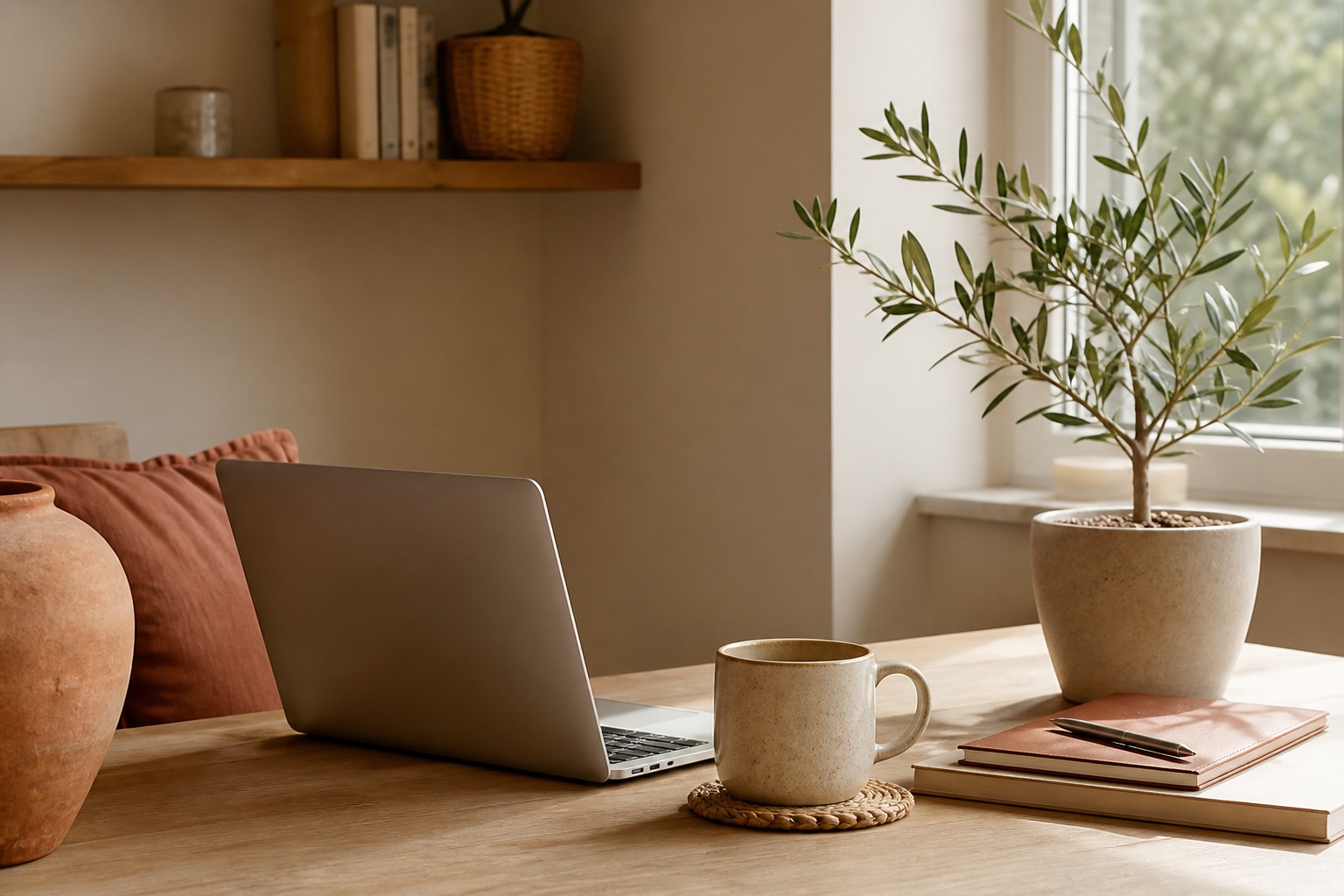 Arbeitsplatz mit Laptop, Kaffeetasse und Notizbuch am Fenster