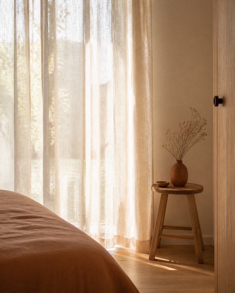 Transparente Leinenvorhänge im warmen Morgenlicht