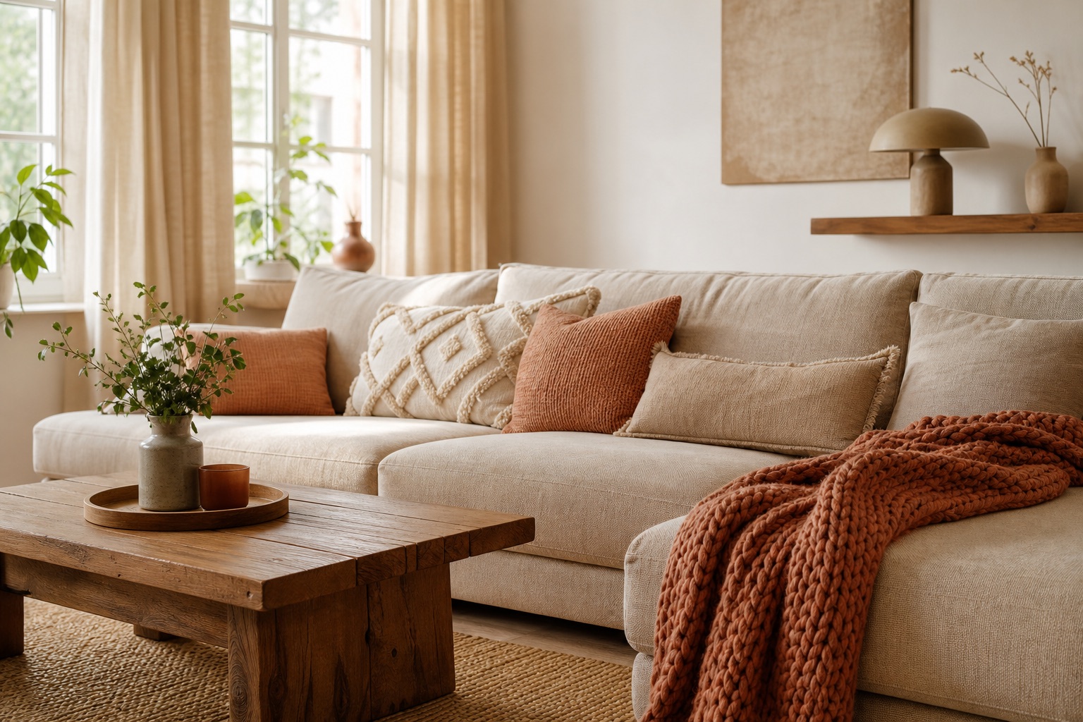 Wohnzimmer mit Sofa, Strickdecke, Kissen und Leinenvorhängen in warmen Tönen